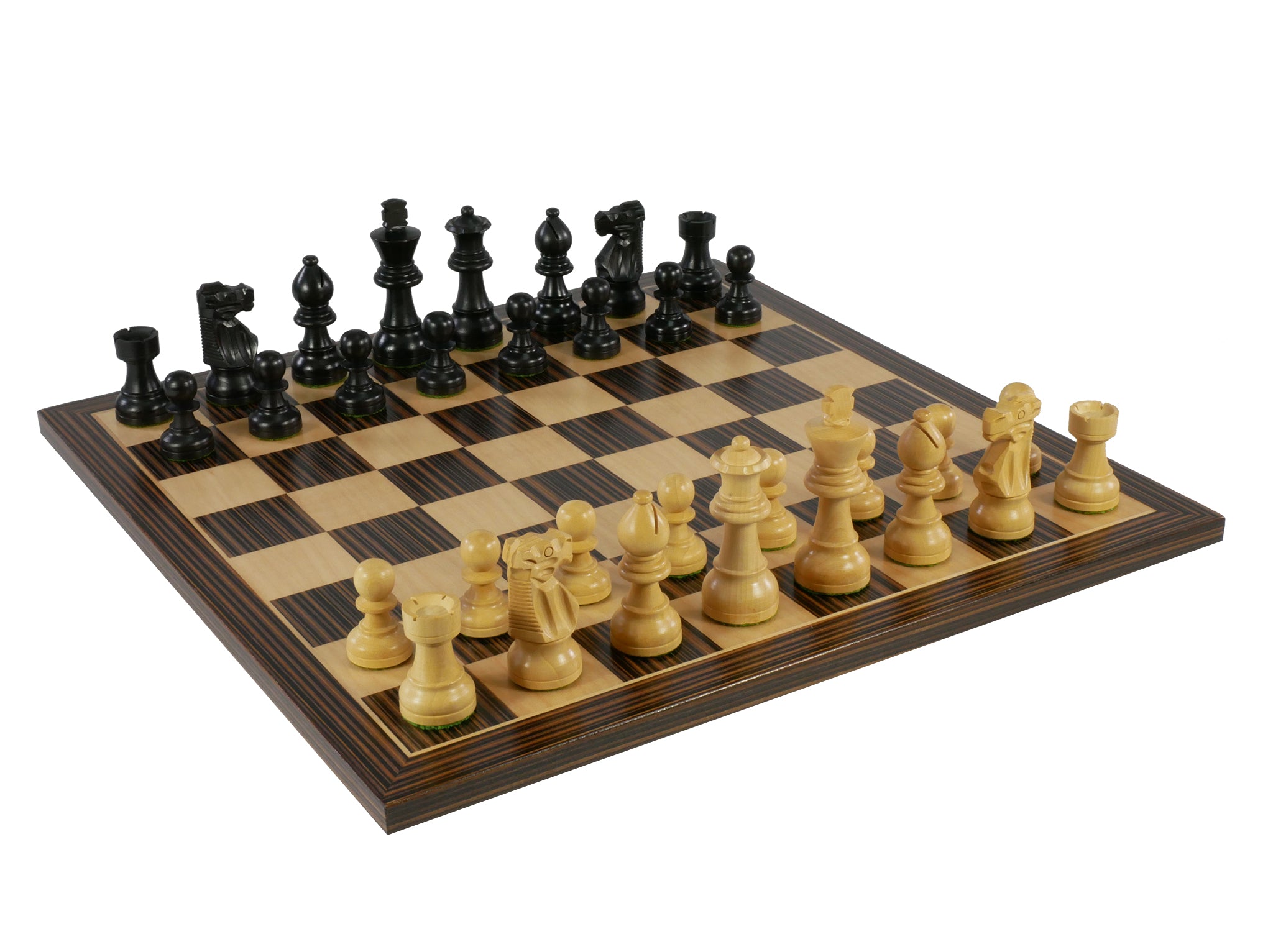 Chess Set - Small Black French Chessmen on Ebony veneer Chess Board