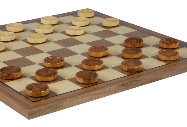 Checker Set - 1.25" Wood Stacking checkers on 14" Walnut Maple Chess Board