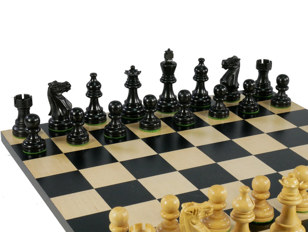 Chess Set - Black American Emperor Chessmen on Black/Maple veneer Chess Board
