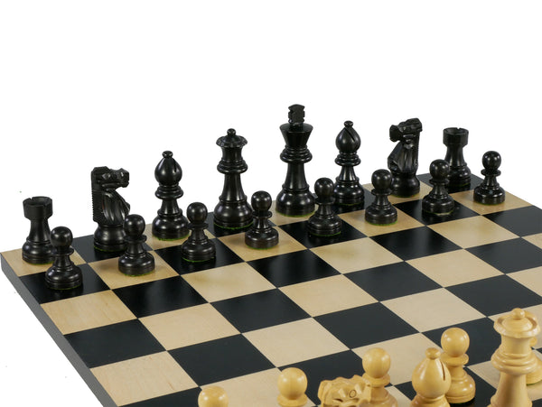 Chess Set - Small Black French Knight Chessmen on Black & Maple Veneer Board
