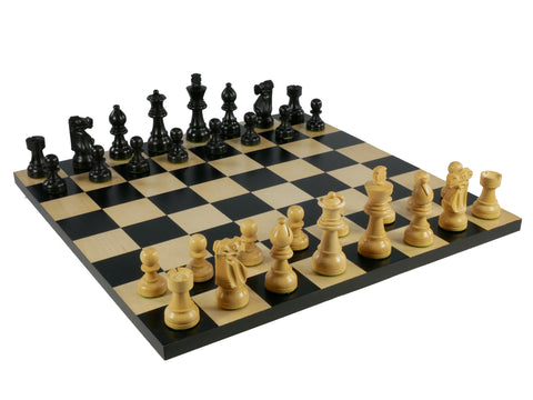 Chess Set - Small Black French Knight Chessmen on Black & Maple Veneer Board