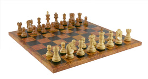 Chess Set - 3" Sheesham/Boxwood Opposite Tops on 15.5" Pressed Leather Map Board