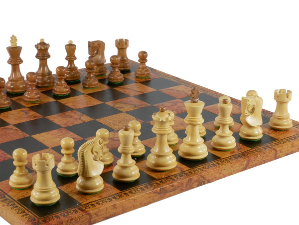 Chess Set - 3" Sheesham/Boxwood Opposite Tops on 15.5" Pressed Leather Map Board