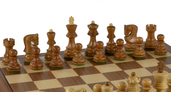Chess Set - 3" Sheesham/Boxwood Opposite Tops on 14" Walnut/Maple Chess Board