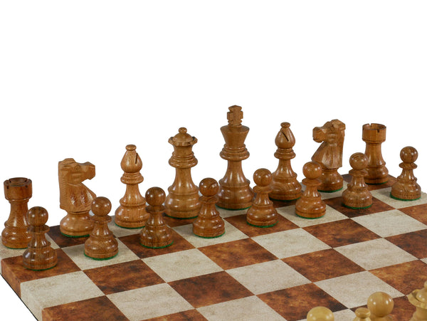 Chess Set - 3.25" Small Kikkerwood Lardy Chessmen on Brown/Cream Leatherette Board