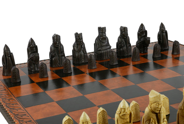 Chess Set - Isle of Lewis Resin Chessmen on Faux Leather Chess Board