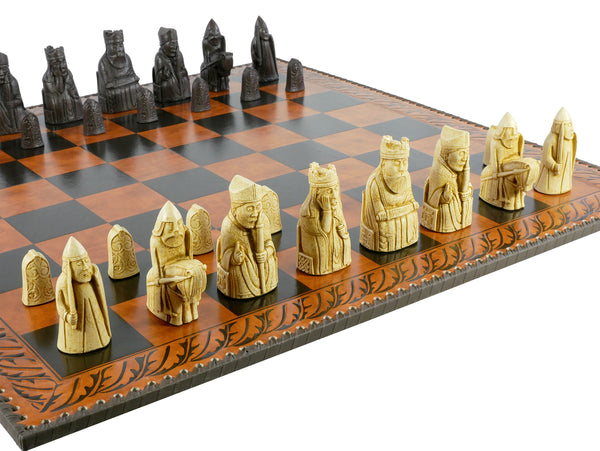 Chess Set - Isle of Lewis Resin Chessmen on Faux Leather Chess Board