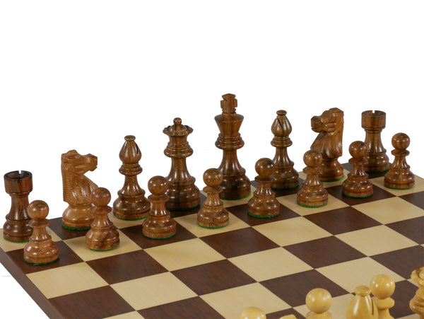 Chess Set - Kikkerwood/Natural Boxwood French Knight Men on Dark Rosewood/Maple Basic Board