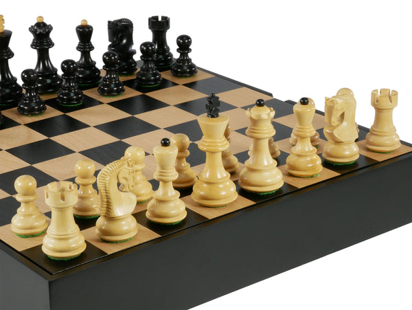 Chess Set - 3" Black/Boxwood Opposite Tops on 13.25" Black/Maple Chest