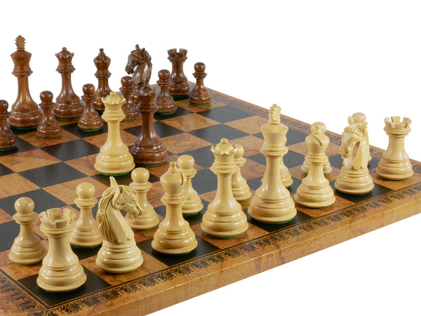 Chess Set - 3.75" Columbian Acacia/Boxwood on 18" Pressed Leather Old World Map Board