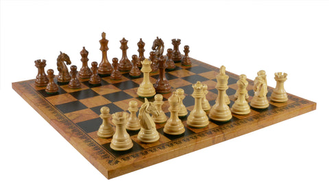 Chess Set - 3.75" Columbian Acacia/Boxwood on 18" Pressed Leather Old World Map Board