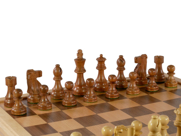 Chess Set - 3.75" Acacia/Boxwood French Knight on 18" Inlaid Beechwood Chest