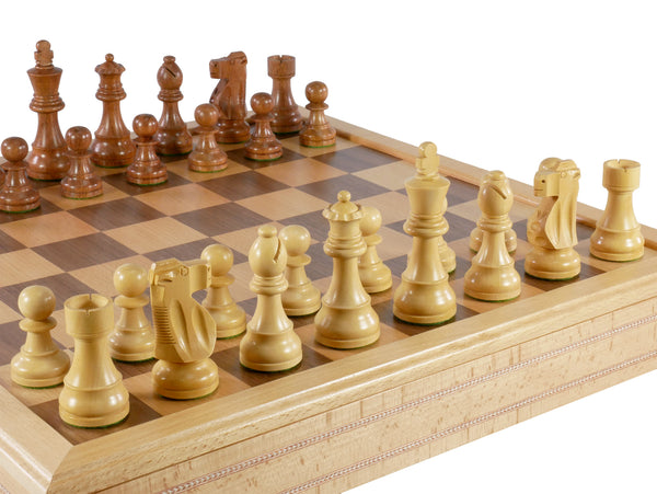 Chess Set - 3.75" Acacia/Boxwood French Knight on 18" Inlaid Beechwood Chest
