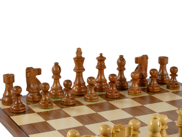 Chess Set - 3.75" Acacia/Boxwood French Knight on 17" Walnut/Maple Chess Board