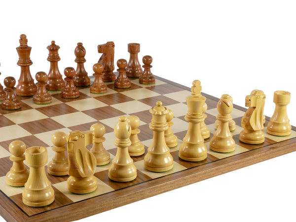 Chess Set - 3.75" Acacia/Boxwood French Knight on 17" Walnut/Maple Chess Board