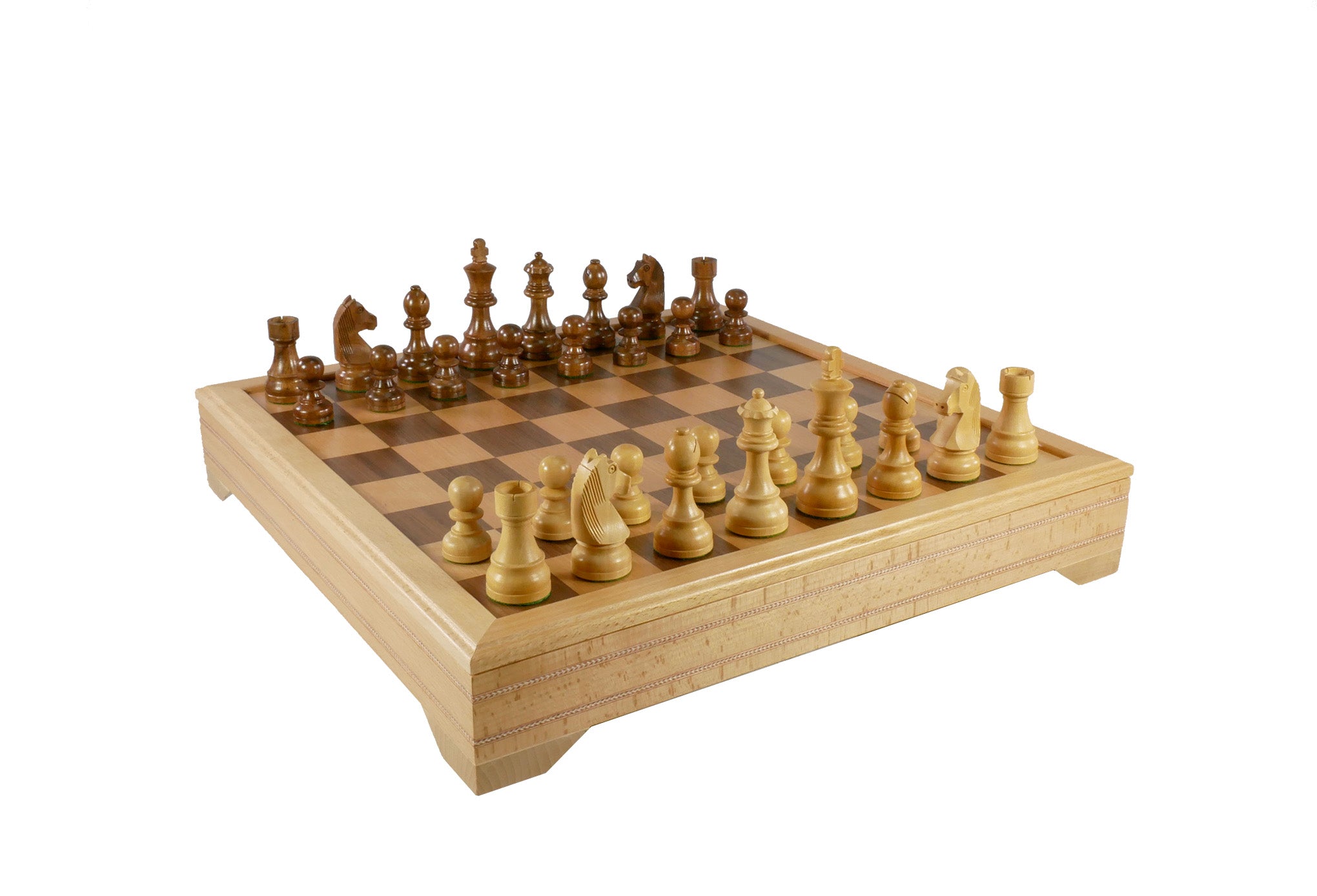 Chess Set - 3.75" Acaciawood/Boxwood pieces on Beechwood Chest