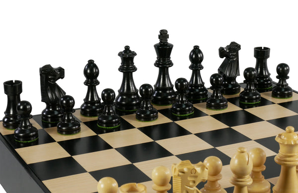 Chess Set - Black French Chessmen on Black/Maple Chest
