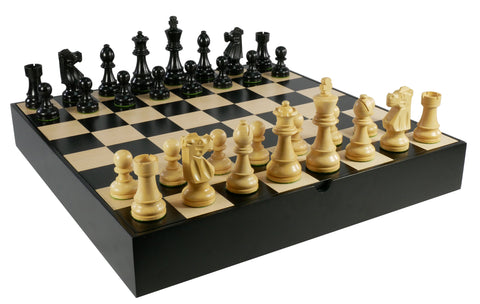 Chess Set - Black French Chessmen on Black/Maple Chest