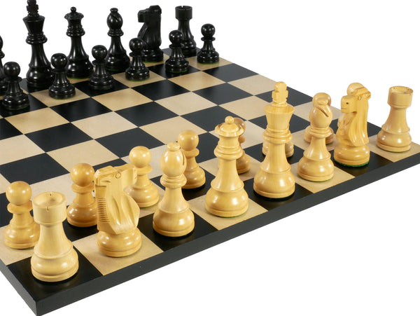 Chess Set - Black French Chessmen on Black/Maple Basic Chess Board