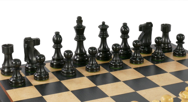Chess Set - Black French Knight Pieces on Black and Birdseye Maple Veneer Board