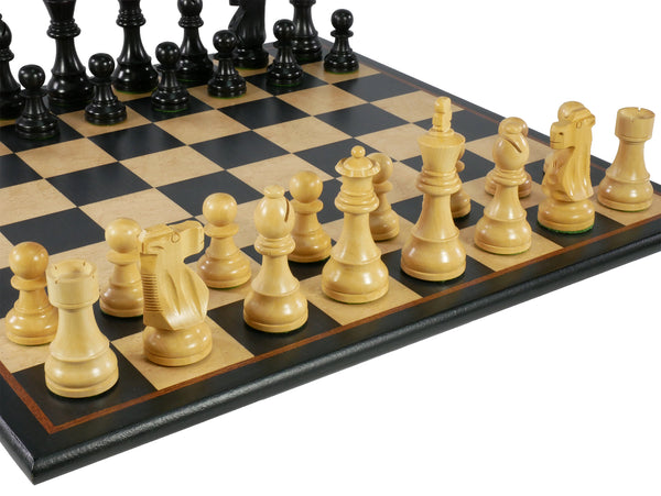 Chess Set - Black French Knight Pieces on Black and Birdseye Maple Veneer Board
