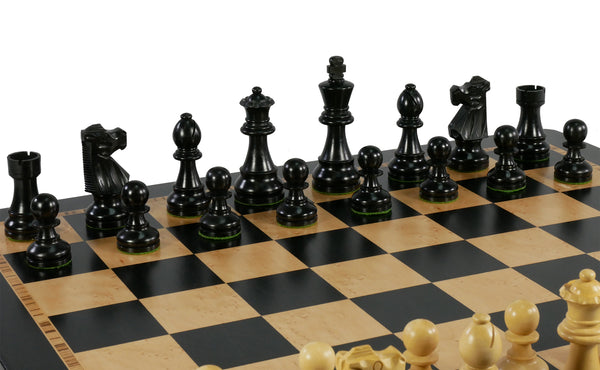 Chess Set- Black French Knight Pieces on Ebony/Birdseye Maple Veneer Chess Board