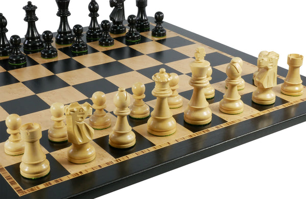 Chess Set- Black French Knight Pieces on Ebony/Birdseye Maple Veneer Chess Board