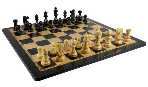 Chess Set- Black French Knight Pieces on Ebony/Birdseye Maple Veneer Chess Board