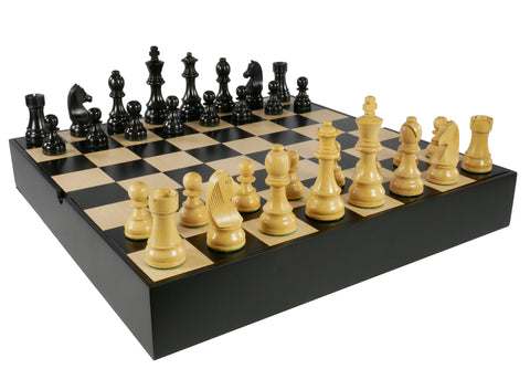 Chess set - 3.75" Black/Natural Boxwood pieces on 16.25" Black and Maple veneer Chest