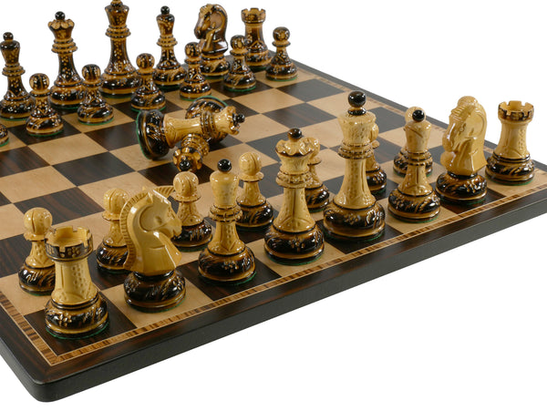 Chess Set - 3.75" Burnt Dubronvik Chess Pieces (DQ) on 17.3" Ebony & Birdseye Maple Board