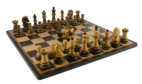 Chess Set - 3.75" Burnt Dubronvik Chess Pieces (DQ) on 17.3" Ebony & Birdseye Maple Board