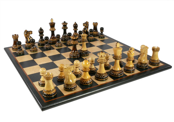 Chess Set - 3.75" Burnt Parker Double Queen on 17.25" Black/Birdseye Maple Board