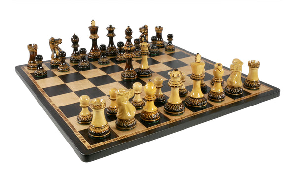 Chess Set - 3.75" Burnt Parker Double Queen on 17.25" Ebony/Birdseye Maple Board