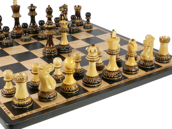 Chess Set - 3.75" Burnt Parker Double Queen on 17.25" Ebony/Birdseye Maple Board