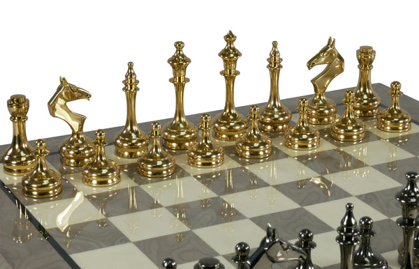 Chess Set - Brass Slim Chessmen on Grey Briar Board