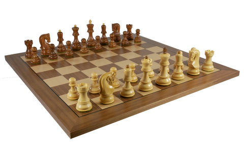 Chess Set- Kikkerwood Old Russian Opposite Tops on Walnut Maple Chess Board