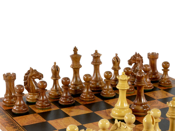 Chess Pieces -3.75" Columbian Sheesham/Boxwood Chessmen on 18" Pressed Leather Old World Map Board