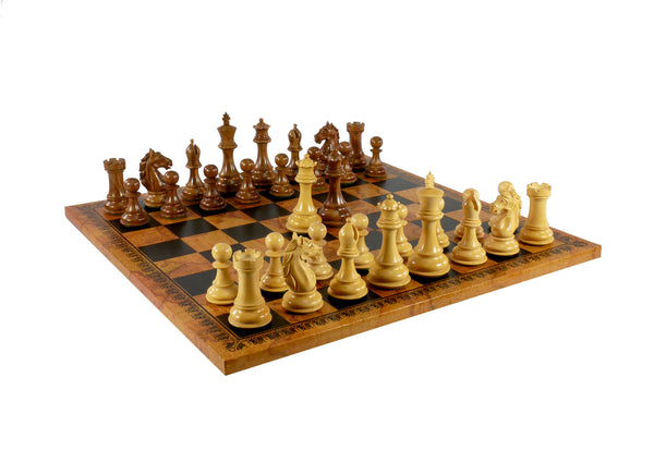 Chess Pieces -3.75" Columbian Sheesham/Boxwood Chessmen on 18" Pressed Leather Old World Map Board