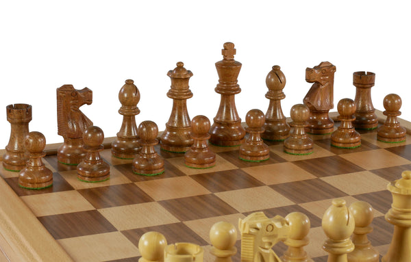 Chess Set - Sheesham & Boxwood Staunton on 18" Beechwood Chest