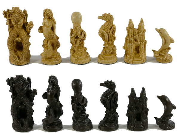 Chess Set - Sea Life Resin Chess Pieces on Faux Leather Old World Map Board