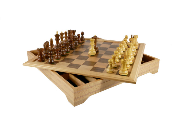 Chess Set - 3.75" Sheesham/Boxwood Opposite Tops on 18" Beechwood Chest