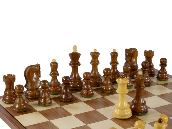 Chess Set - 3.75" Sheesham/Boxwood Opposite Tops on 17" Walnut/Maple Chess Board