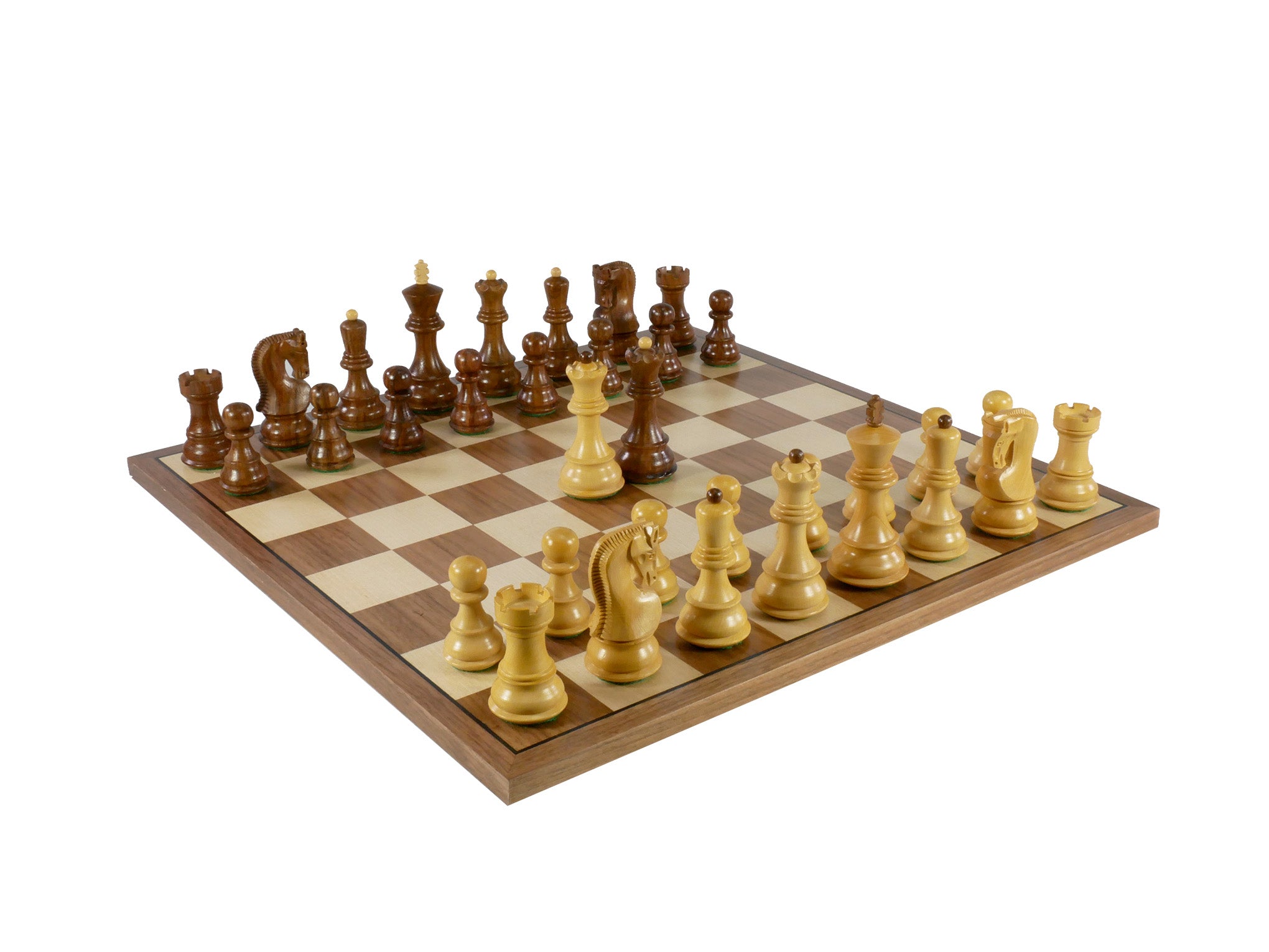 Chess Set - 3.75" Sheesham/Boxwood Opposite Tops on 17" Walnut/Maple Chess Board