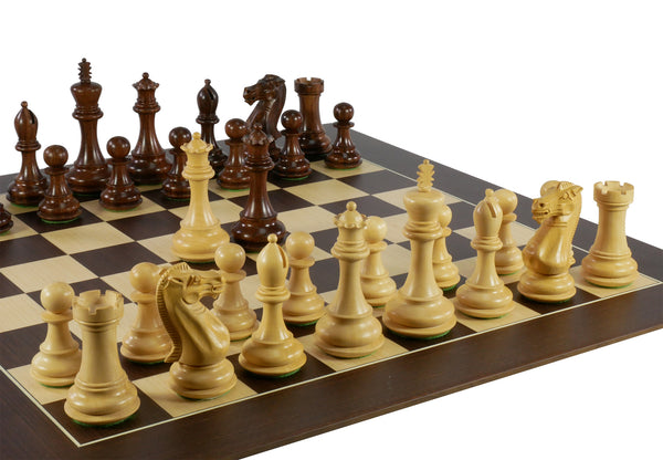 Chess Set - 4" Anjanwood/Boxwood (DQ) on Walnut/Sycamore Barcelona Chess Board