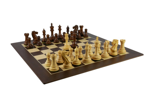 Chess Set - 4" Anjanwood/Boxwood (DQ) on Walnut/Sycamore Barcelona Chess Board
