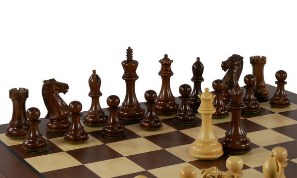 Chess Set - 4" Anjanwood/Boxwood (DQ) on Dark Rosewood/Maple Chess Board