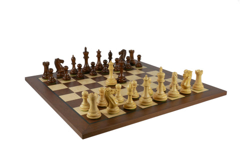 Chess Set - 4" Anjanwood/Boxwood (DQ) on Dark Rosewood/Maple Chess Board