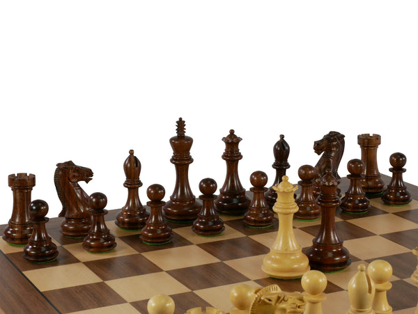 Chess Set - 4" Anjanwood/Boxwood (DQ) on Walnut/Maple Chess Board