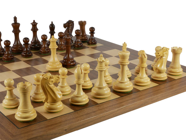 Chess Set - 4" Anjanwood/Boxwood (DQ) on Walnut/Maple Chess Board
