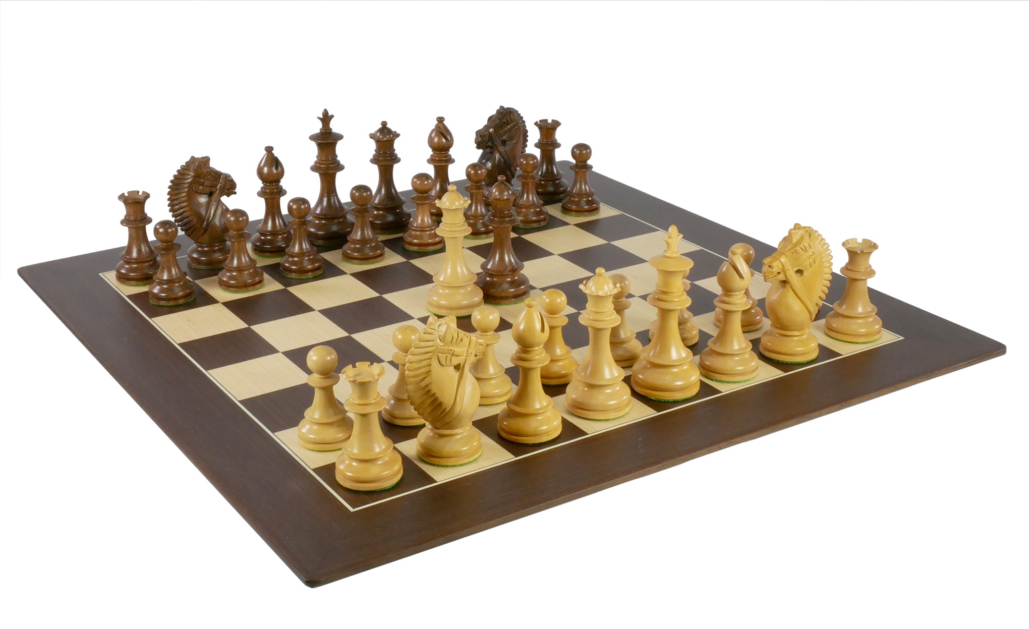 Chess Set - 4" Acacia/Boxwood (DQ) on Walnut Sycamore Chess Board